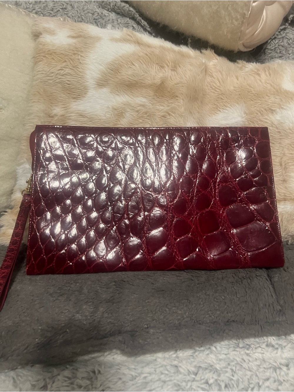 Milano Glossy Croc-Embossed Wristlet Clutch in Deep Wine